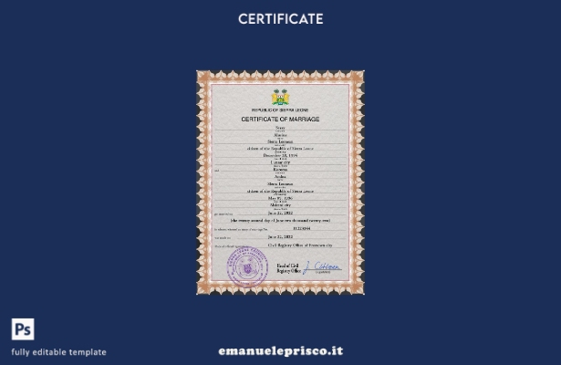 Modello PSD di certificato di matrimonio della Sierra Leone in stile verificato